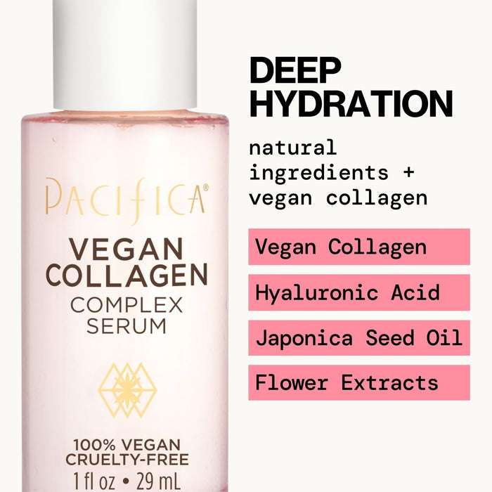 Pacifica Beauty Vegan Collagen Complex Serum, Hydrating Face Serum with Vegan Collagen & Botanical Extracts, 1 fl oz (29 ml)