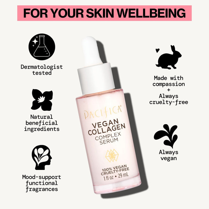 Pacifica Beauty Vegan Collagen Complex Serum, Hydrating Face Serum with Vegan Collagen & Botanical Extracts, 1 fl oz (29 ml)