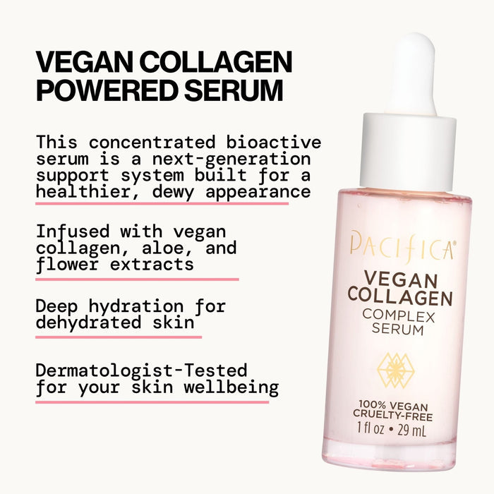 Pacifica Beauty Vegan Collagen Complex Serum, Hydrating Face Serum with Vegan Collagen & Botanical Extracts, 1 fl oz (29 ml)