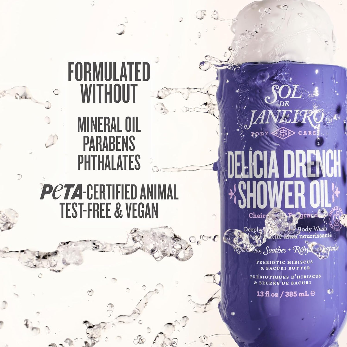 Sol de Janeiro Delícia Drench Shower Oil, Nourishing Oil-to-Foam Body Wash with Brazilian Oils & Bacuri Butter, 13 fl oz (385 ml)